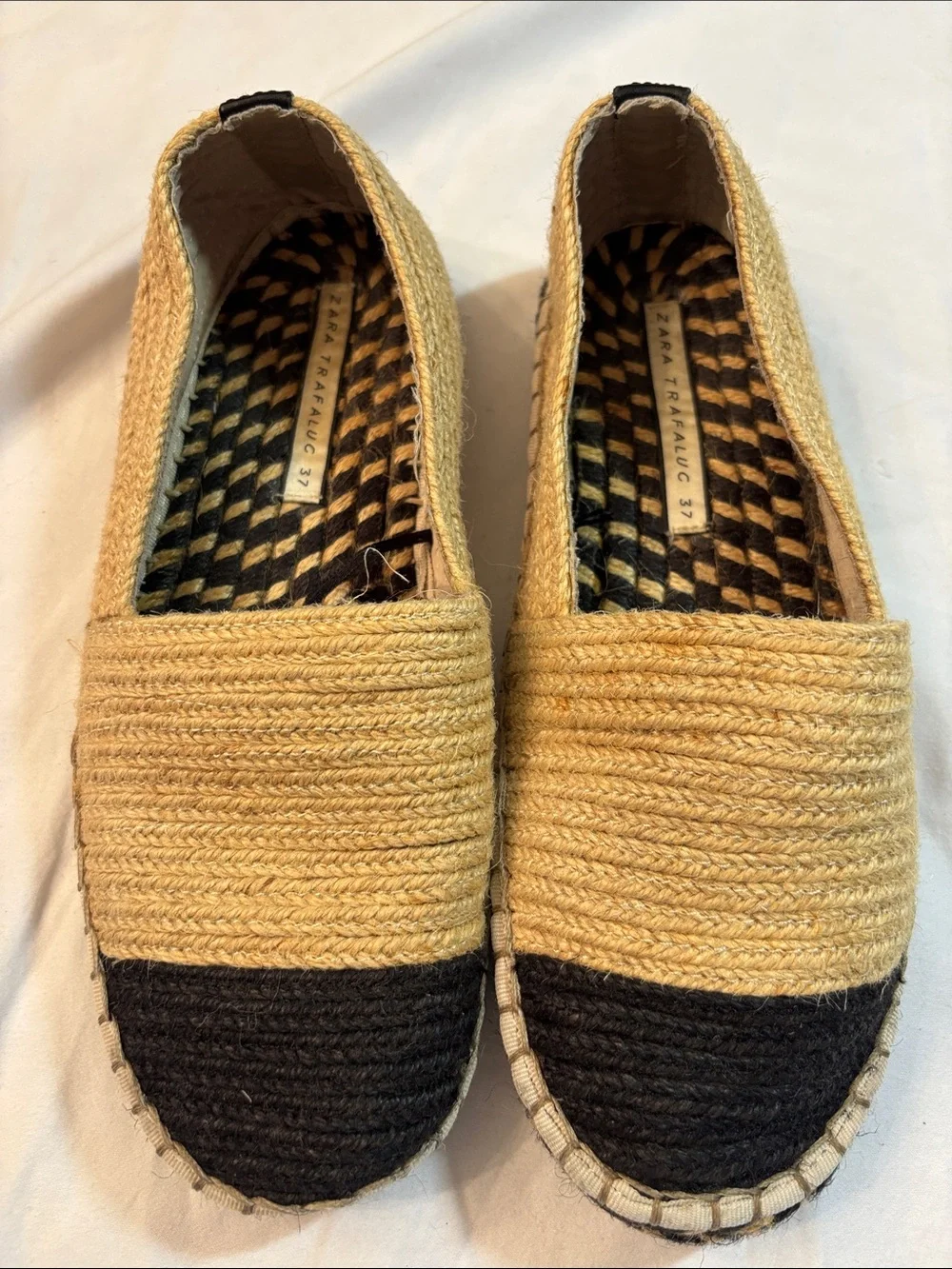 Zara Trafaluc Natural and Black Woven Espadrille Flats, SZ 6.5 New
